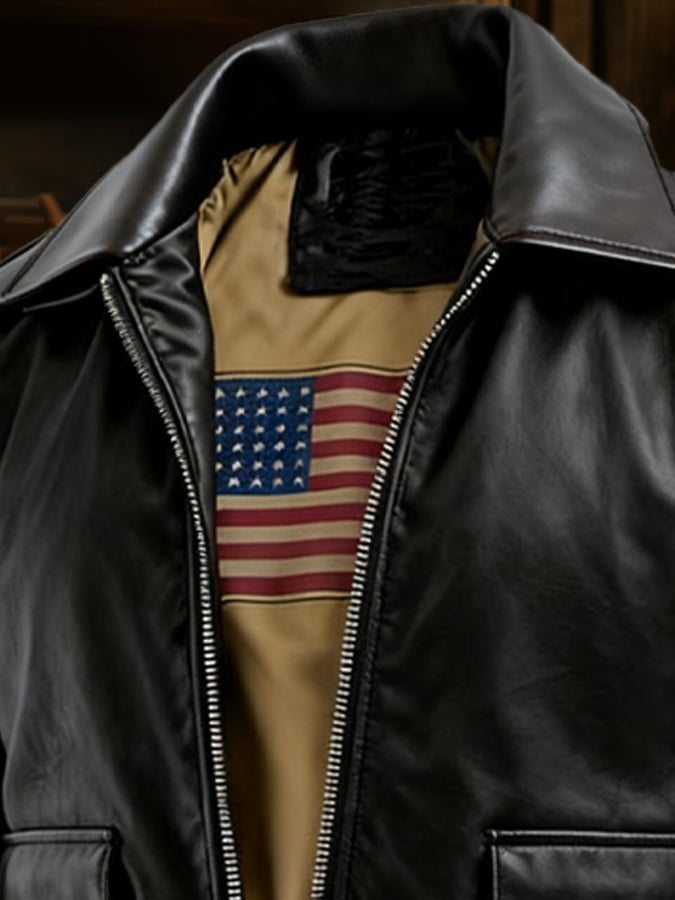 Men's Vintage Leather American Flag Lined Multi-Pocket Outdoor Jacket