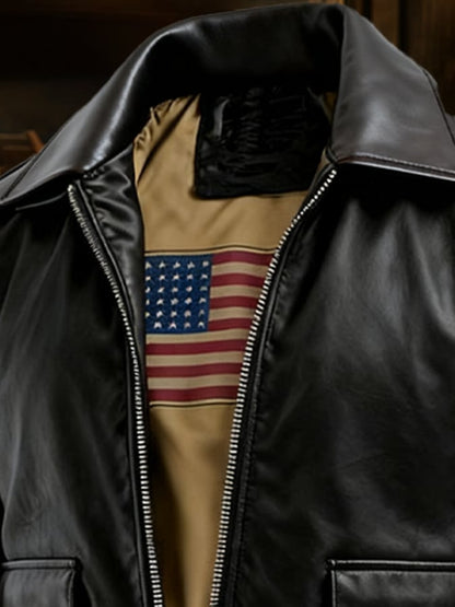 Men's Vintage Leather American Flag Lined Multi-Pocket Outdoor Jacket