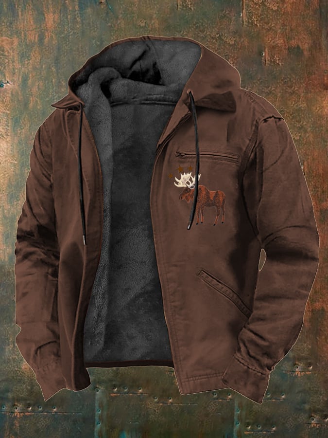 Men's Western Style Vintage Elk Plush Multi-Pocket Jacket