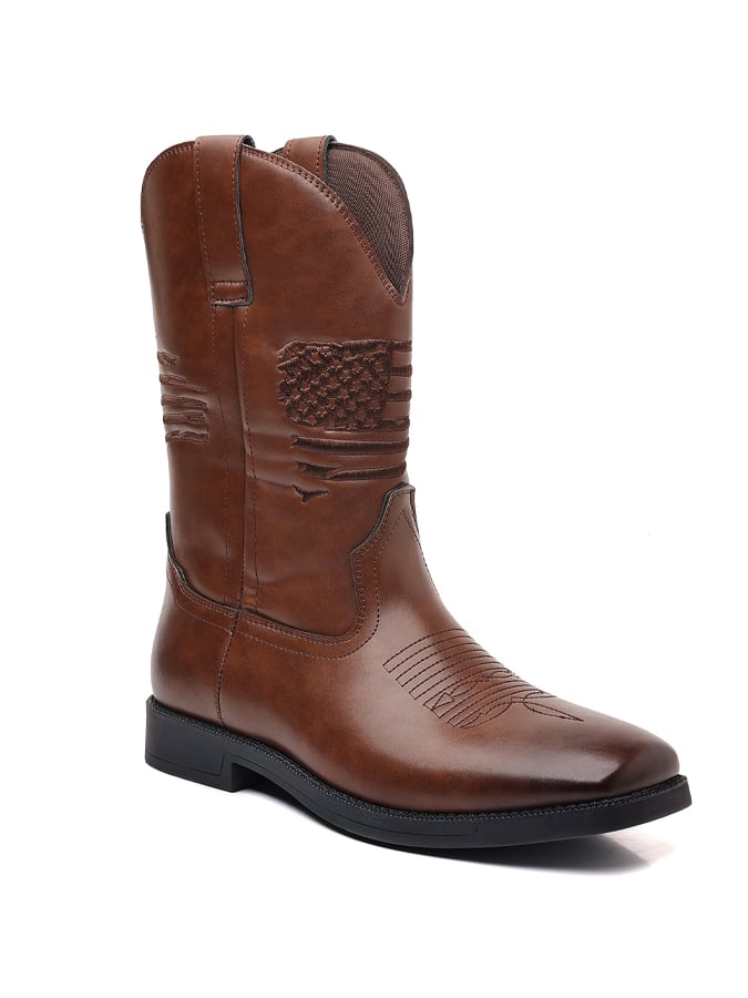 Men's Casual Retro American Flag Element High-Top Embroidered Retro Wide-Toe Western Cowboy Boots