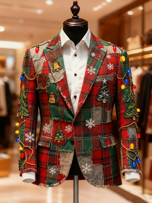 Men's Business Casual Large Pocket Notch Lapel Print Christmas Blazers