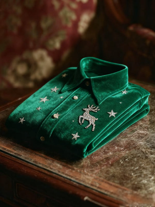 Men's Velvet Rhinestone Christmas Logo Casual Long Sleeve Shirt
