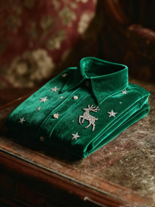 Men's Velvet Rhinestone Christmas Logo Casual Long Sleeve Shirt