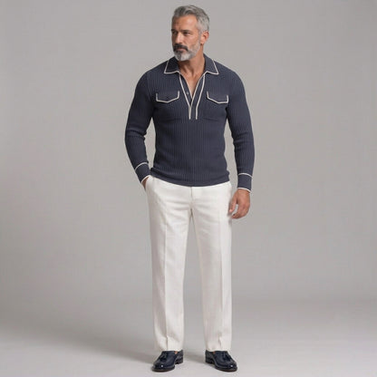 Men's Ribbed Knit Contrast Piping Chest Pockets Slim Fit Long Sleeve Polo Shirt