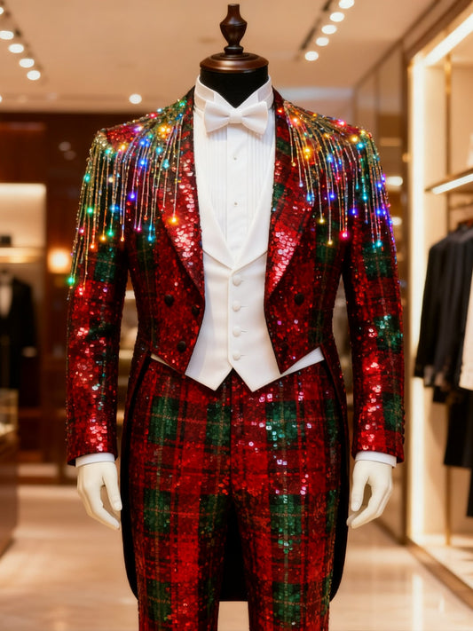Men's Business Check Print Tuxedo Dinner Suit White Tie  Red Tailcoat