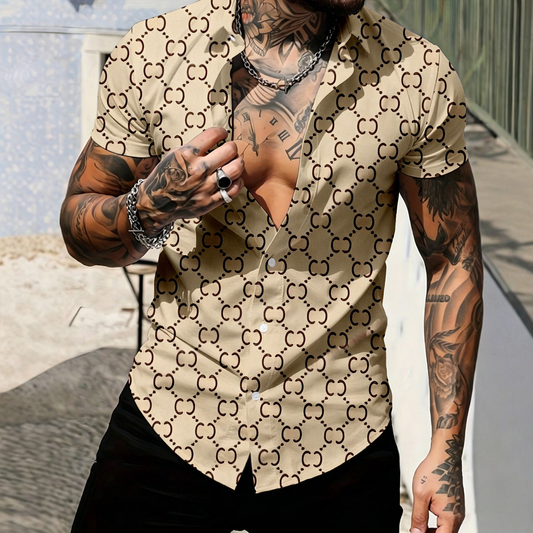 Men's Casual Khaki Short-Sleeve Shirt With Vintage Floral Print