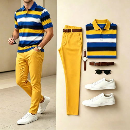 Men's Casual Yellow Stripes Printed Polo Shirt And Pants Two-Piece Set