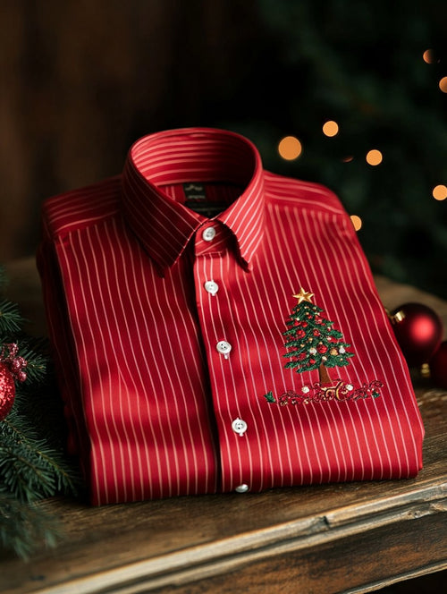 Men's Business Christmas Evergreen Tree Printed Long Sleeve Shirt