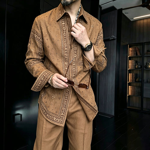 Men's Casual Retro-Style Printed Collared Long-Sleeve Shirt and Pants Two-Piece Set