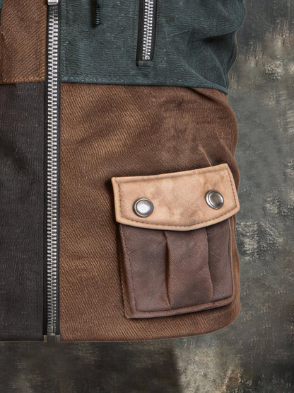 Men's Retro Outdoor Color-Block Paneled Hooded Vest with Multiple Pockets