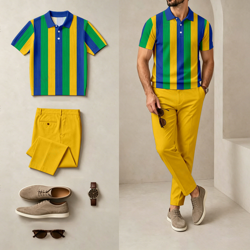 Men's Casual Striped, Two-Tone Print Short-Sleeve Polo Shirt And Pants Set (Excludes Accessories Such As Watches And Glasses)