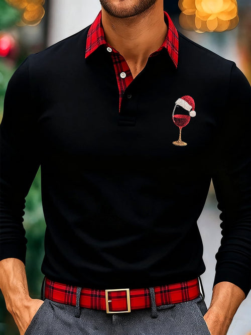 Men's Christmas Plaid Long Sleeve Polo Shirt