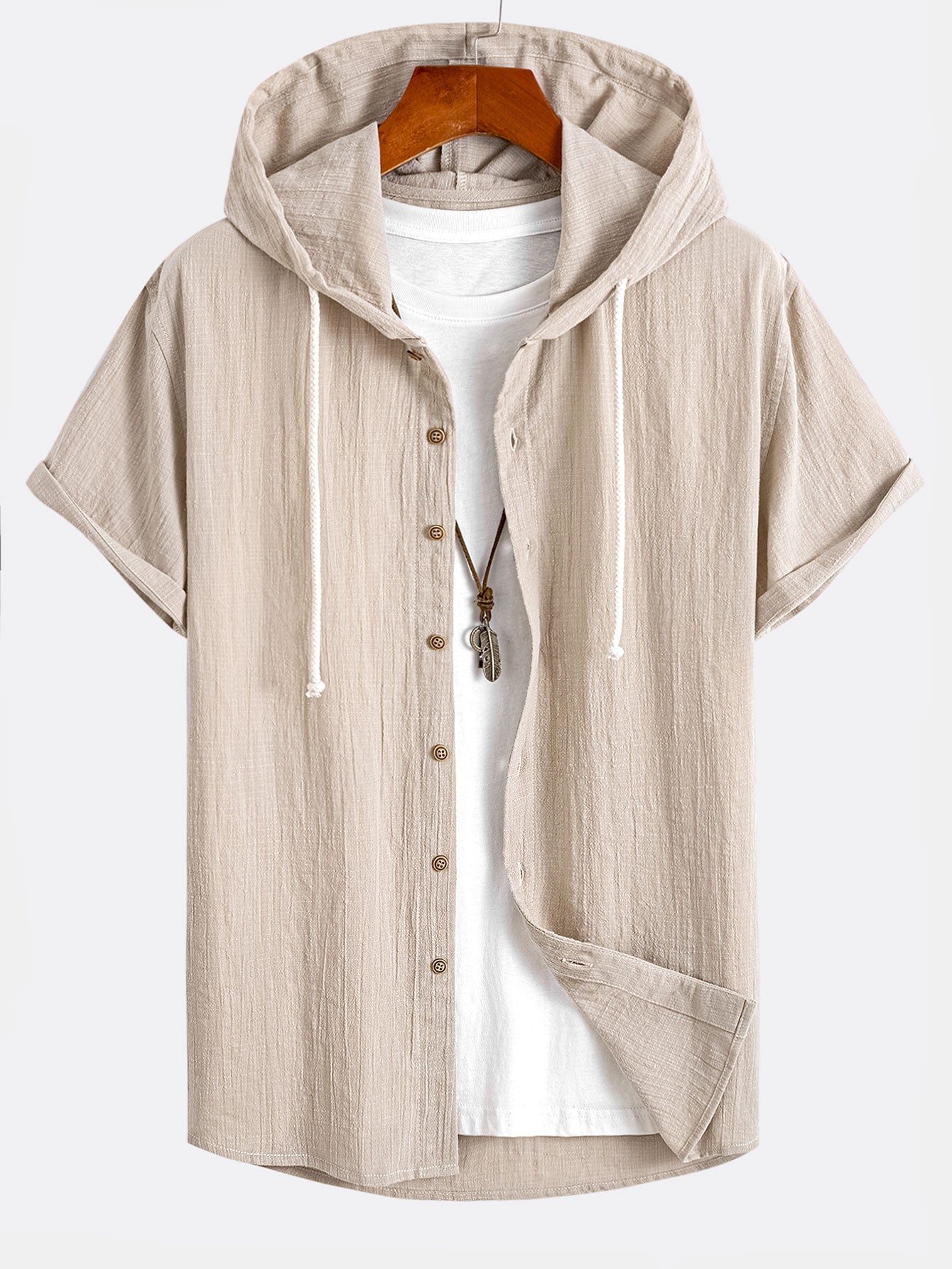 Short Sleeve Linen Look Hooded Shirt