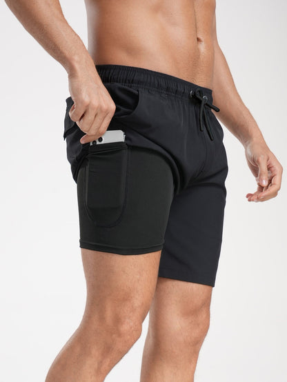 2 In 1 Solid Color Drawstring Swim Shorts