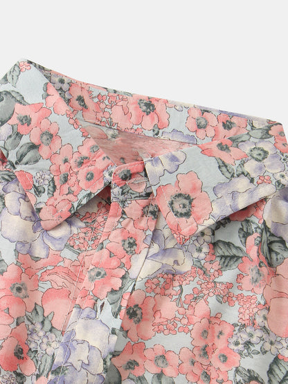 Men's Vintage Floral Print Summer Casual Pink Short Sleeve Shirt