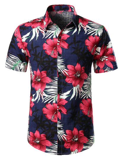 Men's Flower Tropical Hawaii Cotton Short Sleeve Shirt