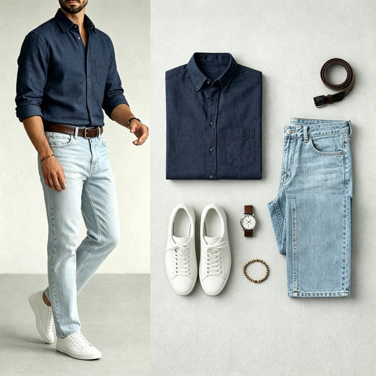 Men's Navy Blue & Light Blue Color Matching Retro Lapel Collar Shirt & Jeans Two-Piece Set