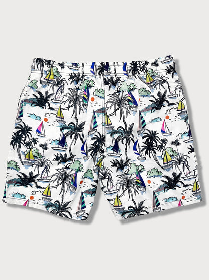 Palm Tree Sailboat Print Swim Shorts
