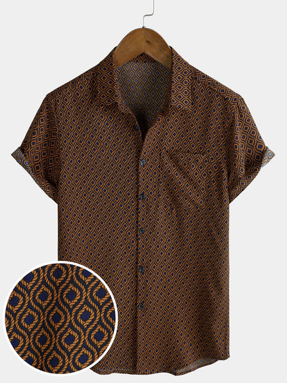 Men's Casual Holiday Brown Short Sleeve Button Up Retro Shirt