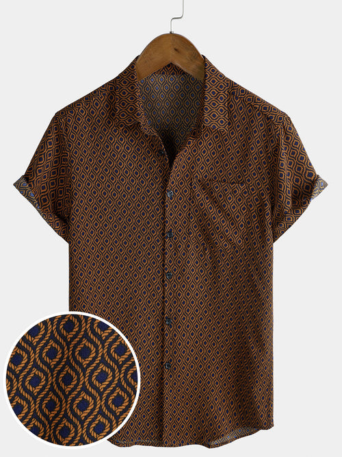 Men's Casual Holiday Brown Short Sleeve Button Up Retro Shirt