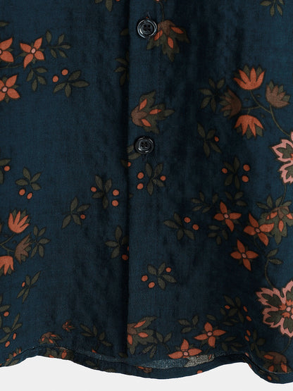 Men's Summer Floral Navy Blue Button Up Short Sleeve Cotton Shirt