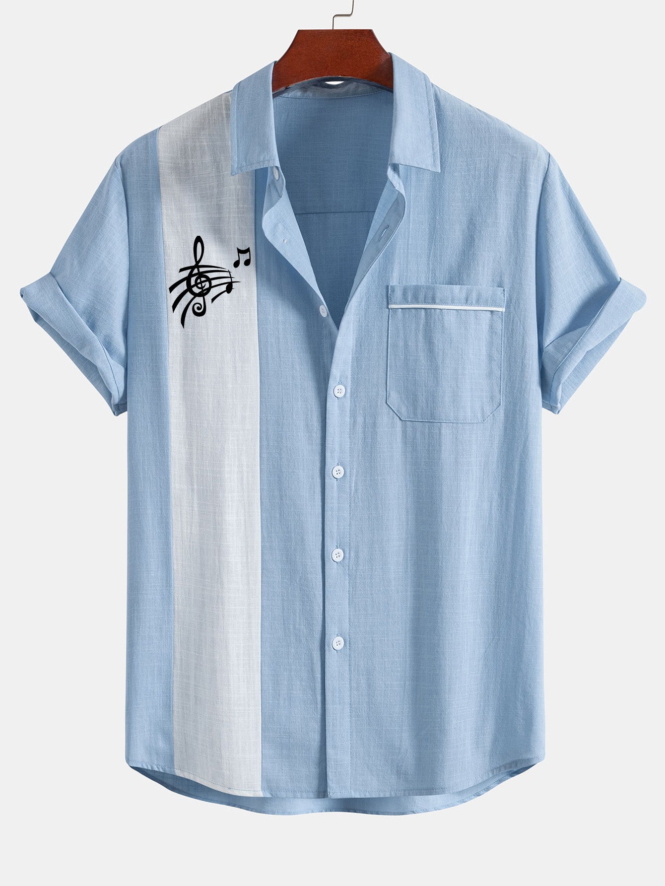 Musical Note Print Linen Look Contrast Button Up Shirt