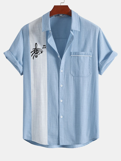 Musical Note Print Linen Look Contrast Button Up Shirt