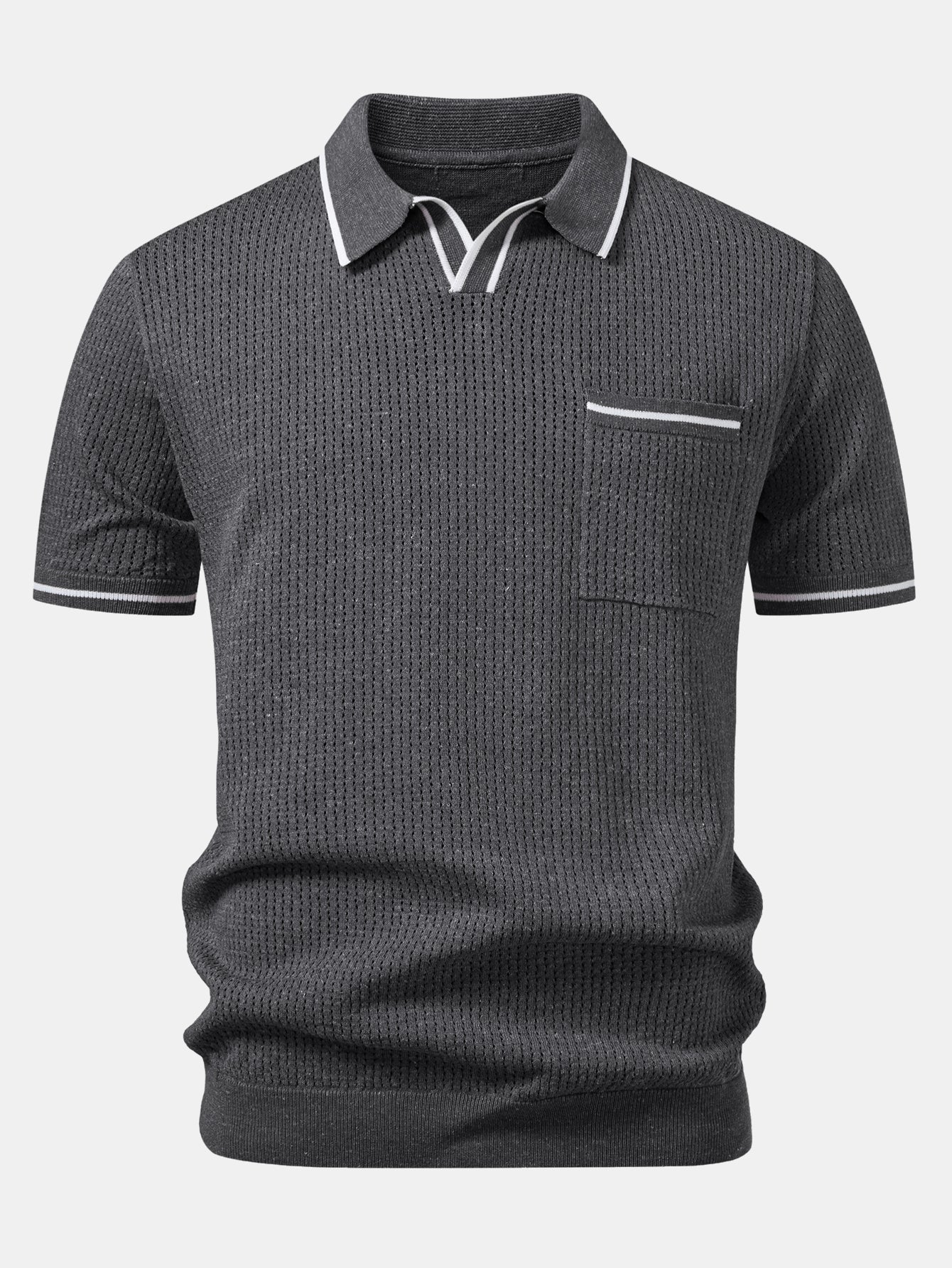 Contrast Stripe Trim Pocket Johnny Collar Knit Polo