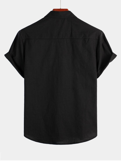 Men's Solid Color Linen Cotton Pocket Casual Short Sleeve Shirt