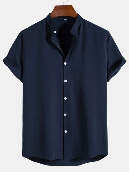 Crinkled Texture Stand Collar Shirt