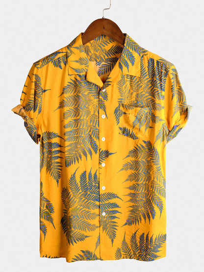 Men's Tropical Leaf Print Hawaiian Pocket Collared Top Cotton Button Up Short Sleeve Shirt