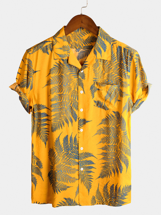 Men's Tropical Leaf Print Hawaiian Pocket Collared Top Cotton Button Up Short Sleeve Shirt