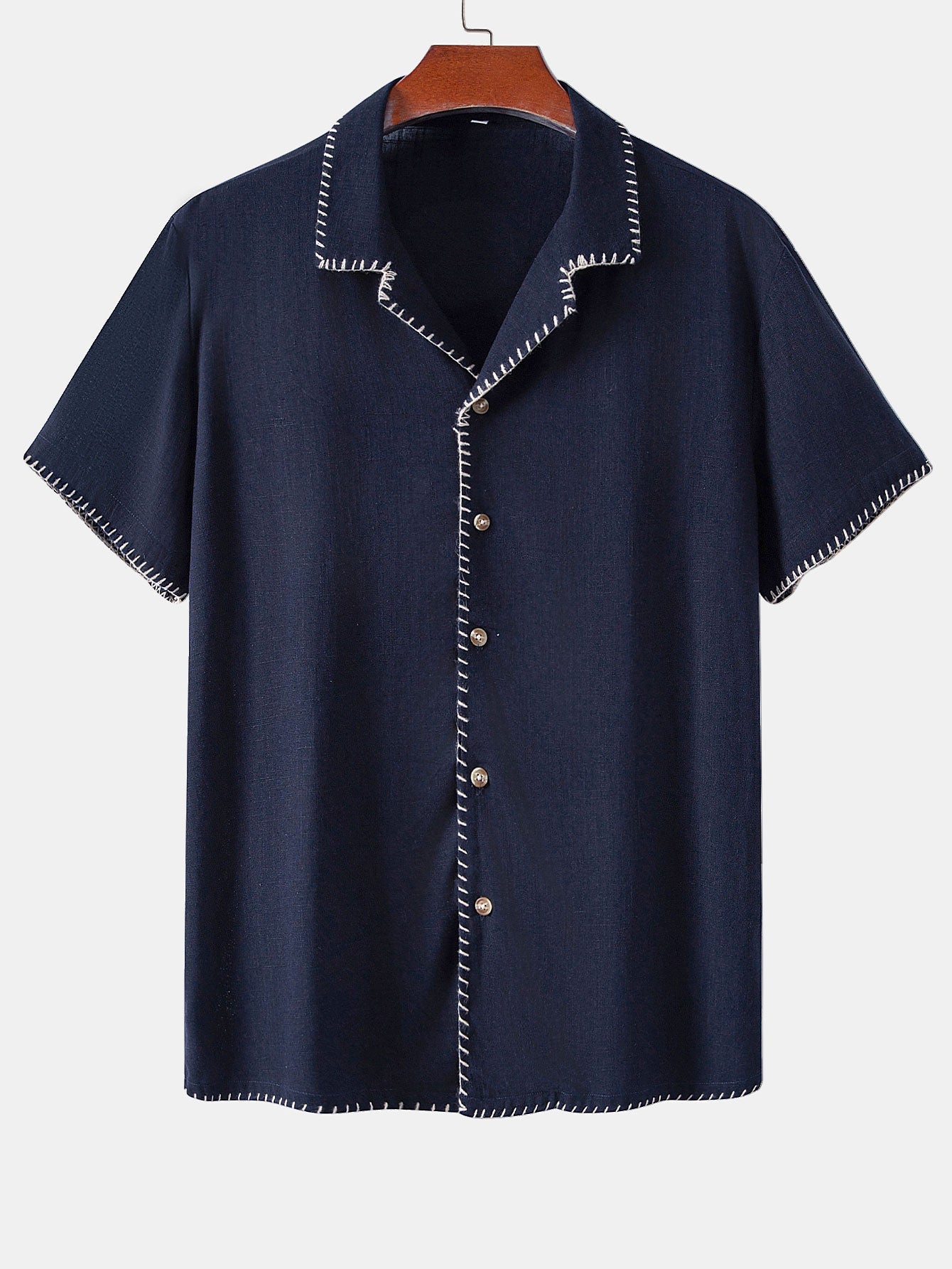 Contrast Stitching Linen Rayon Blend Cuban Shirt