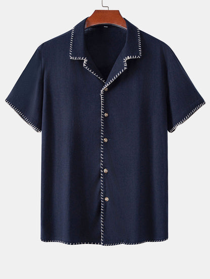 Contrast Stitching Linen Rayon Blend Cuban Shirt