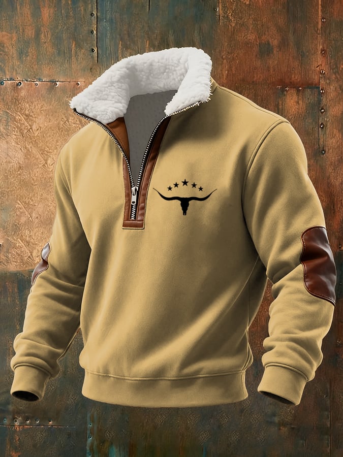 Men's Retro Western Cow Head Design Printed Plush Stand Collar Sweatshirt