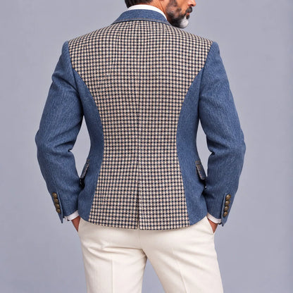 Men's Blue Denim Houndstooth Patchwork Peak Lapel Vintage Double-Breasted Blazer