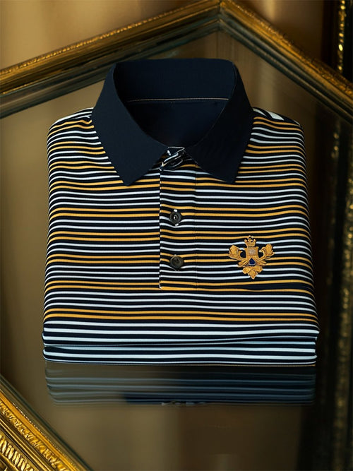 Men's Business Casual Striped Logo Button Short Sleeve Polo Shirt