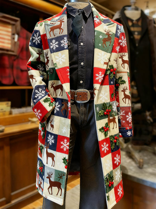 Men's Business Christmas Snowflake Long Wool Coat