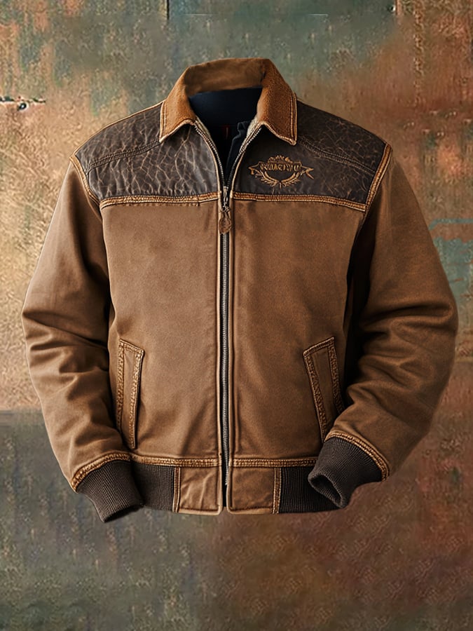 Men's Vintage Suede Patchwork Lamb Fleece Multi-Pocket Reverse Collar Outdoor Jacket Coat