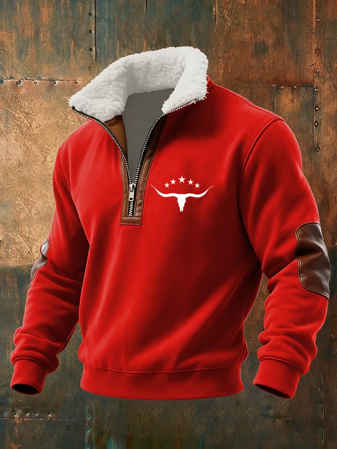 Men's Retro Western Cow Head Design Printed Plush Stand Collar Sweatshirt