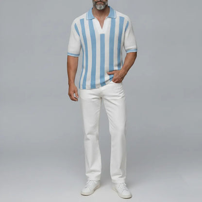 Men's White Contrast Striped Pattern Knitted Short Sleeve Polo Shirt