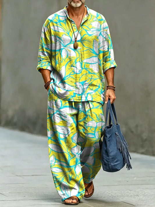 Men's Abstract Florals Print Cotton Shirt Set