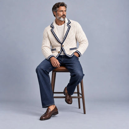 Men's Ivory Contrast Binding Notch Lapel Patch Pockets Single Breasted Chunky Knit Blazer