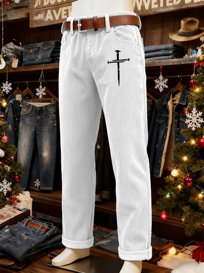 Men's Vintage Faith Cross Design Corduroy Casual Pants