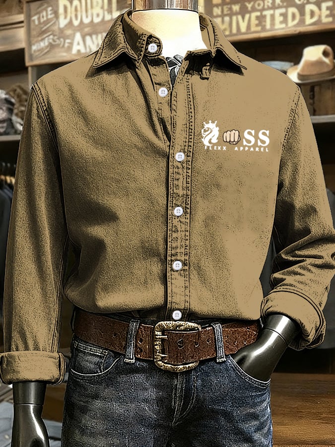 Men's Retro Letter Design Printed Long Sleeve Casual Shirt