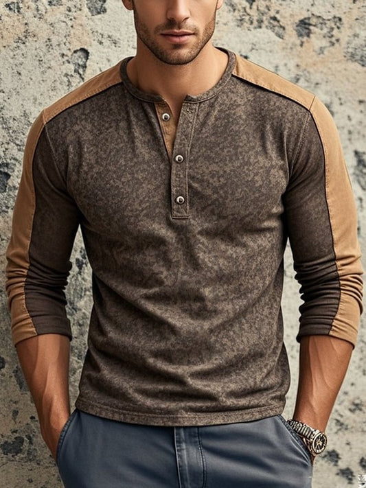 Men's Casual Retro Casual Colorblock Long Sleeve Henley Shirt