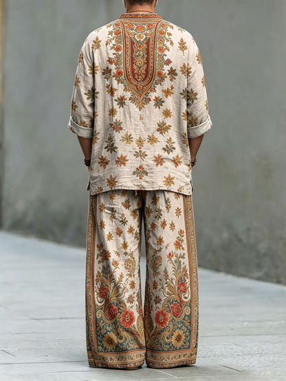 Men's Vintage Symmetrical Ethnic Paisley Print Cotton Shirt Set