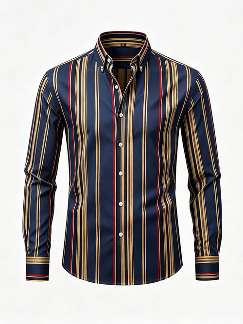 Men's Navy Blue & Gold Color Matching Striped Printed Long Sleeve Shirt