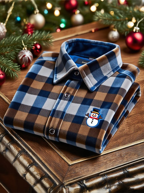 Men's Velvet Plaid Christmas Logo Casual Long Sleeve Shirt