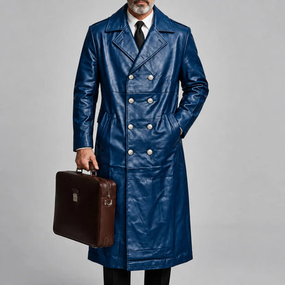 Men's Dark Brown PU Leather Slant Pockets Notched Lapel Double-Breasted Trench Coat